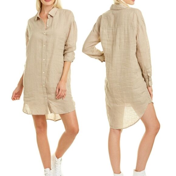 James Perse Women Sandy Beige Long Sleeve Button Down Linen Shirt Dress sz L - Picture 1 of 11